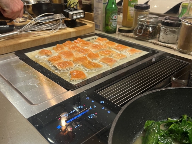 Kochevent: Zubereitete Fischsteaks auf einer Glasplatte neben einem Induktionskochfeld